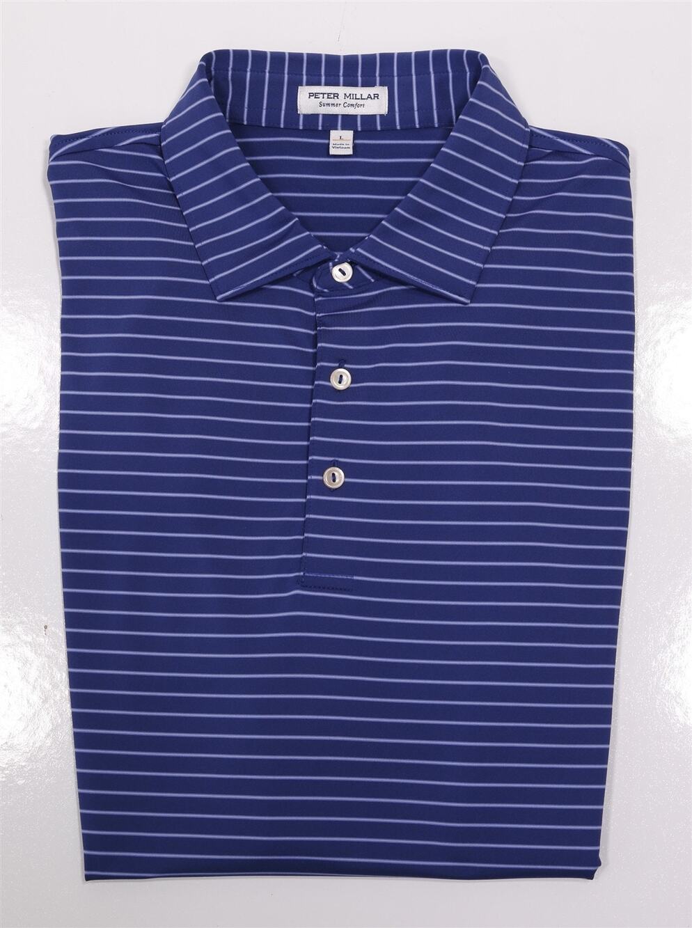 Peter Millar Summer Comfort Blue Striped Drum Performance Jersey Polo Shirt L